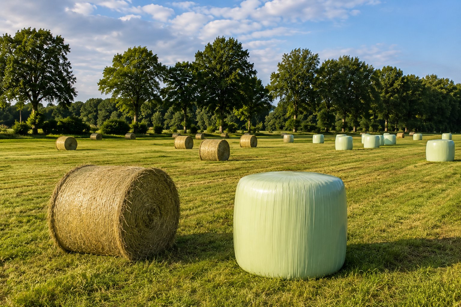 Feld mit Heu-Rundballen und gewickelten Silageballen
