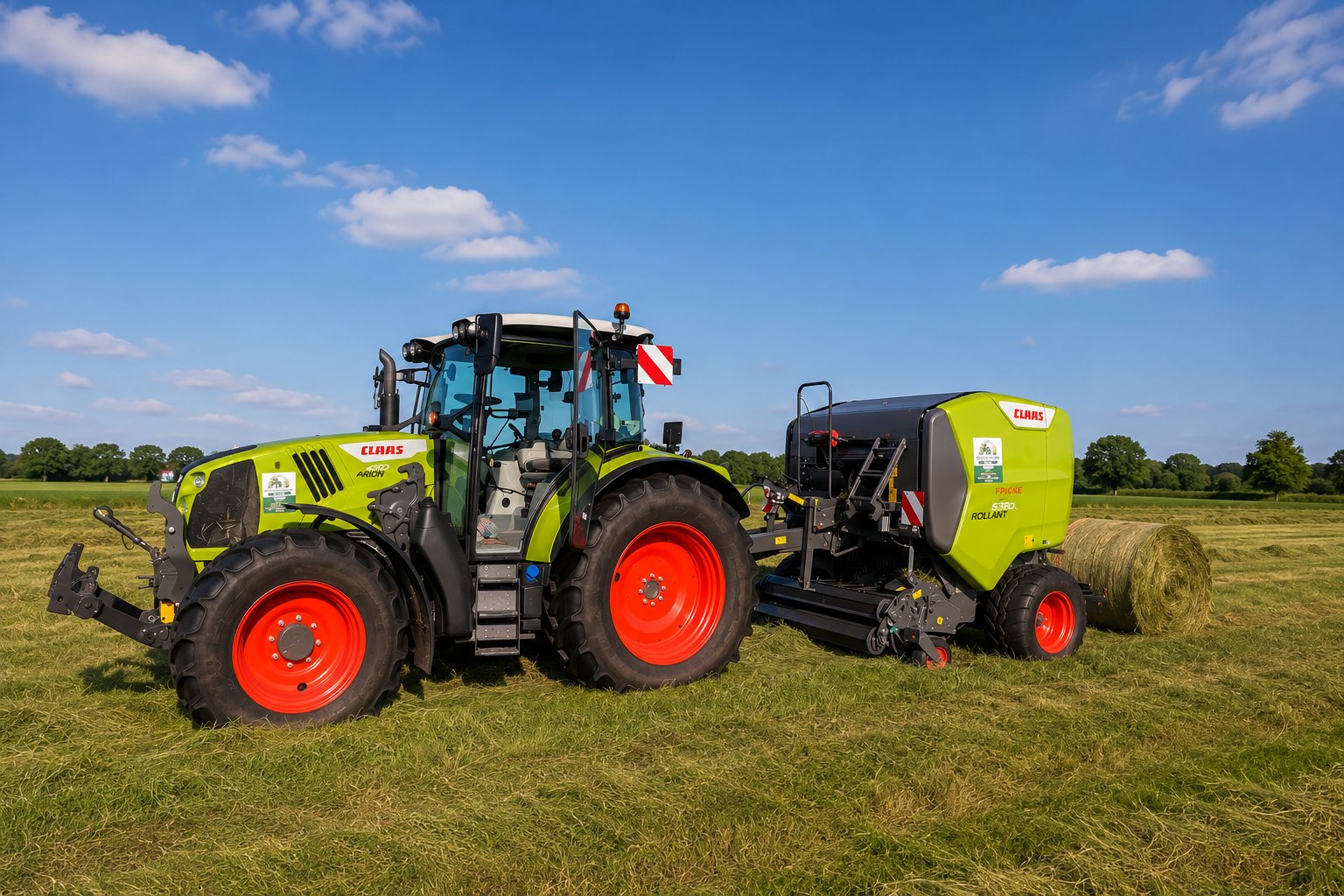 CLAAS Arion Traktor mit Rollant-Rundballenpresse in Seitenansicht