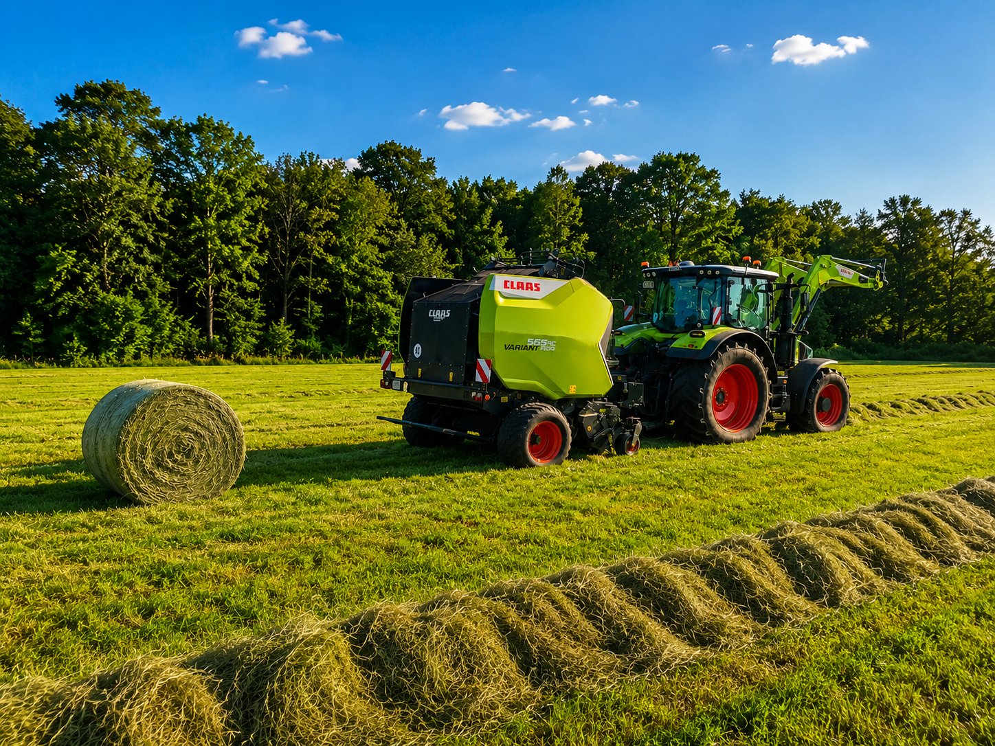 CLAAS Variant 565 RC Rundballenpresse mit Traktor und Schwad auf dem Feld